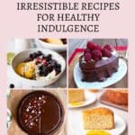 A collage of desserts made with quinoa, including a berry parfait, raspberry-topped cake, chocolate cake with sprinkles, and a slice of sponge cake. Text reads, "Quinoa Desserts: Irresistible Recipes for Healthy Indulgence.