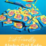 Several packs of Swedish Fish Mini candies are spread out on a blue background above text that reads, "Kid-Friendly Alpha Gal Safe Candy Options.