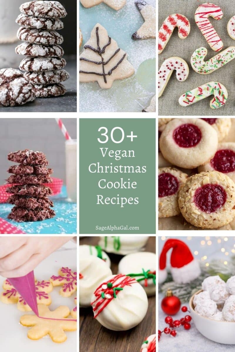 Collage of various vegan Christmas cookies, including decorated sugar cookies, thumbprints, and chocolate treats. Text reads "30+ Vegan Christmas Cookie Recipes.