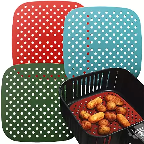 Reusable Silicone Air Fryer Liners 8.5 Inch by Linda s Essentials (3 Pack, Square) - Non Stick Easy Clean Air Fryer Liners Reusable Mats Air Fryer Accessories Includes Cheat Sheet And Recipe Book