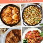 A collage of four diverse chicken cast iron skillet recipes.