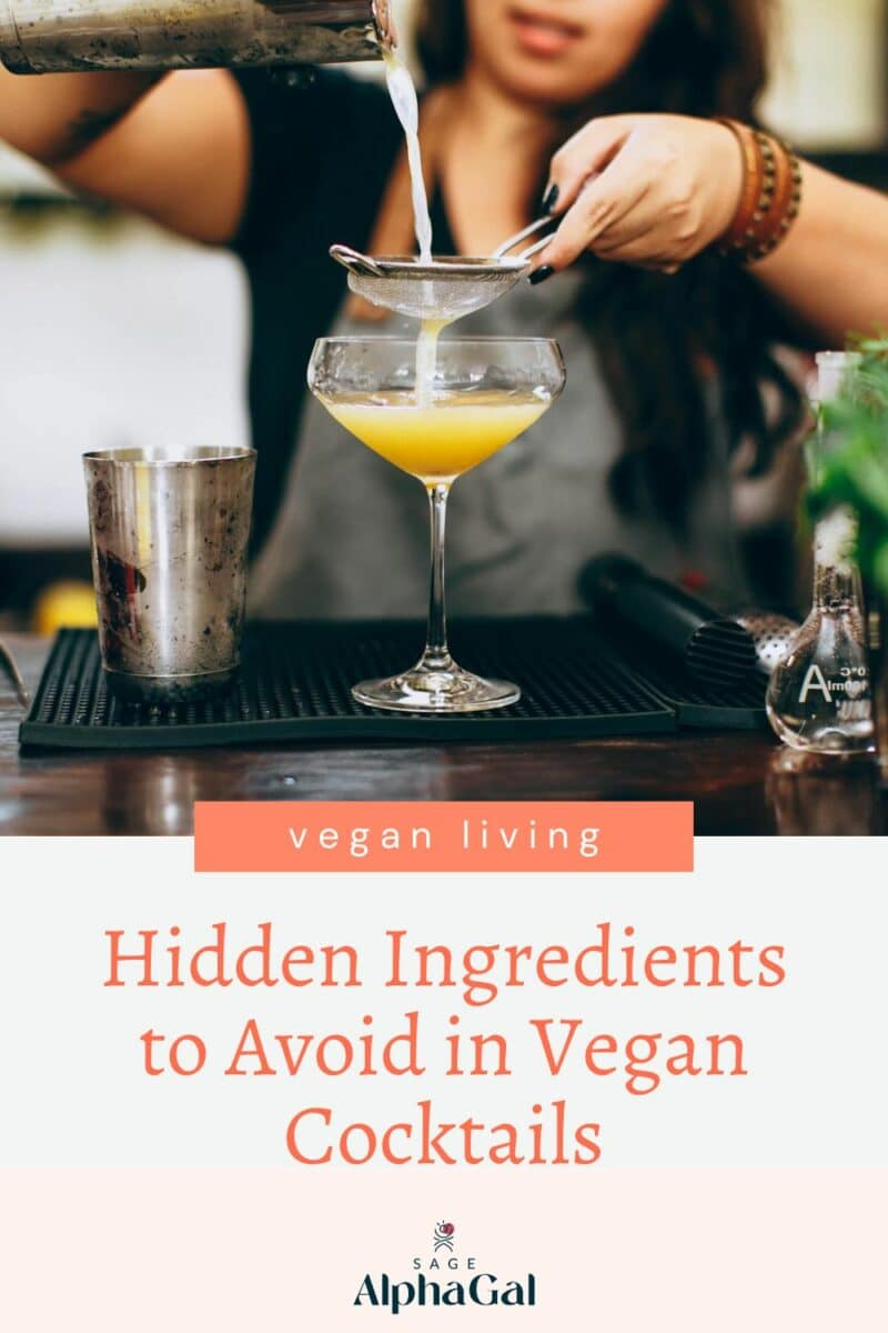 A bartender pouring a cocktail into a glass, with text overlay about vegan living and hidden ingredients in vegan cocktails.