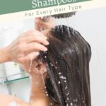 Person washing long hair under a shower head with lather; overlaid text reads "Best Vegan Shampoos For Every Hair Type.