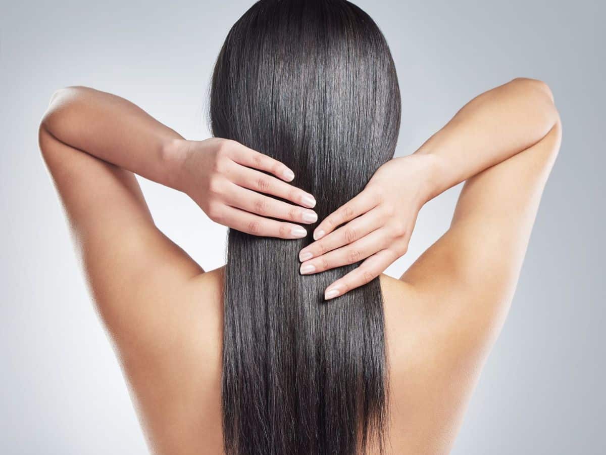 Back view of a person with long, straight, black hair, holding it with both hands behind their neck, against a grey background.