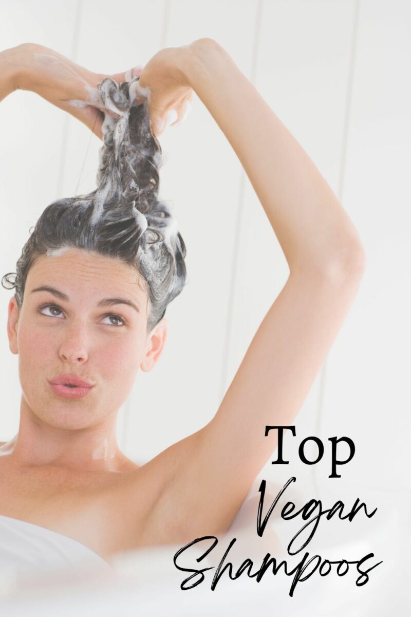 Person washing hair with shampoo, promotional text "Top Vegan Shampoos" displayed on the right side.