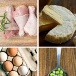 A collage labeled "30 Affordable Proteins" shows raw chicken, cheese, eggs in a carton, and a spoonful of green peas.