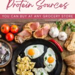 A breakfast spread with scrambled eggs, fried eggs, tomatoes, garlic, bread, and ham, arranged on a wooden table. Text overlay discusses cheap protein sources.