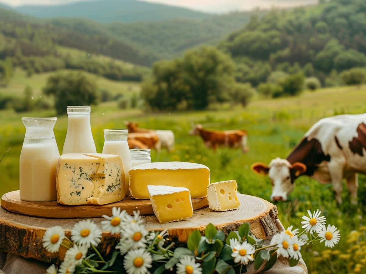 A variety of cheeses and bottles of milk are displayed on a rustic wooden surface, with cows grazing in a green, hilly field in the background. White and yellow flowers are arranged in the foreground.