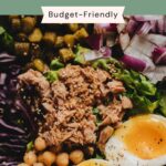 A salad bowl with boiled eggs, chickpeas, shredded tuna, red cabbage, diced red onion, pickles, and lettuce, labeled as “Meals Packed With Protein” and “Budget-Friendly.”.