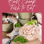 A bowl of canned tuna garnished with parsley sits on a wooden table. The text reads, "Reel in Savings – Best Cheap Fish to Eat – Sage AlphaGal.