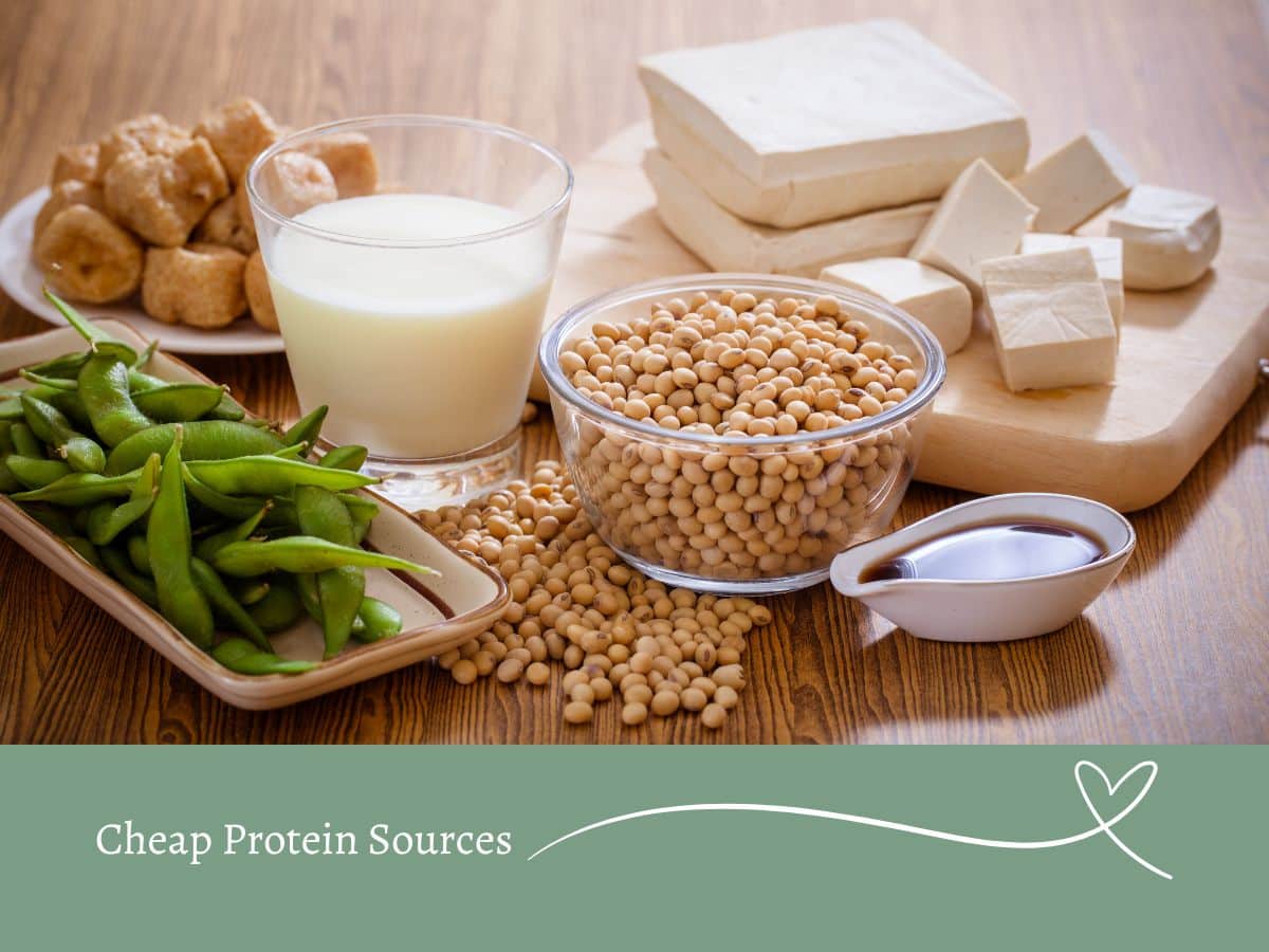 A selection of budget-friendly protein sources, including soybeans, tofu, soy milk, edamame, and soy sauce on a wooden table. Text reads "Cheap Protein Sources.