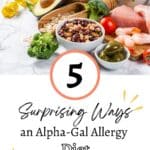 Top shows different foods like beans, vegetables, and meat. Bottom text reads: "5 Surprising Ways an Alpha-Gal Allergy Diet Supports Healthy Eating.