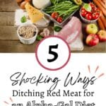 A variety of fruits, vegetables, dairy, and poultry arranged on a table with text overlay about the Alpha-Gal Diet and benefits of ditching red meat.