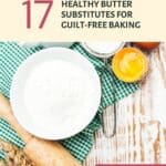 Baking ingredients with text: "17 Healthy Butter Substitutes for Guilt-Free Baking" and "read more.