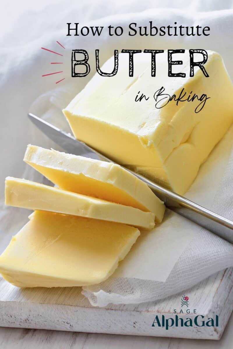 Sliced butter with a knife on a cutting board. Text overlay reads, "How to Substitute Butter in Baking.