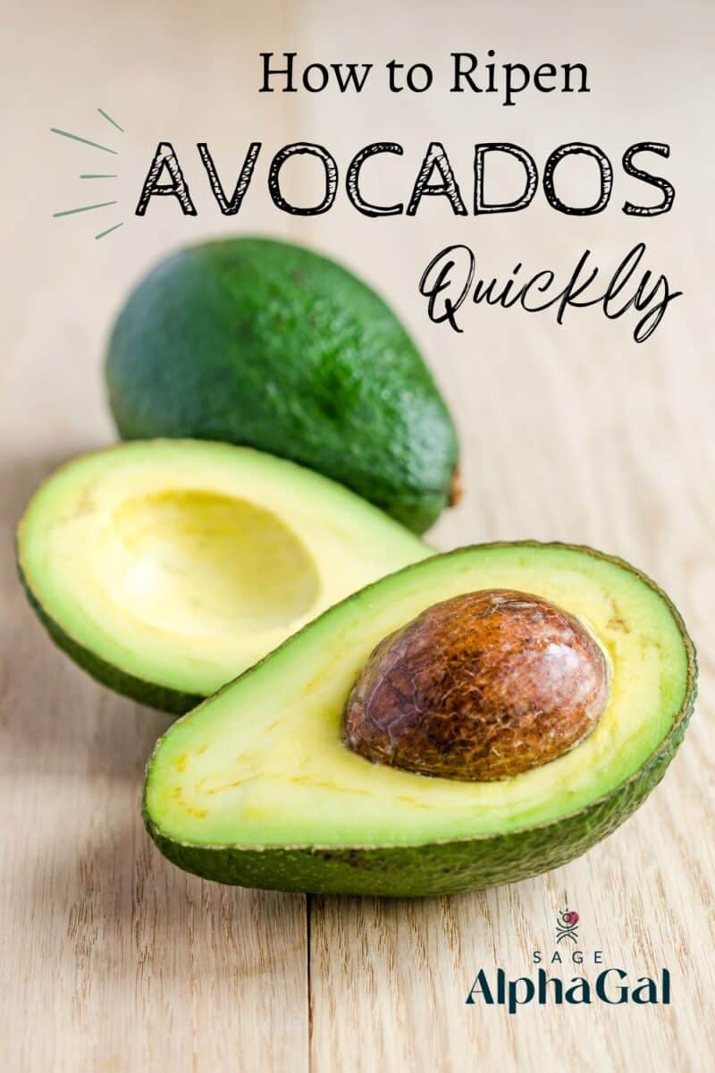 Whole and halved avocado on a wooden surface with the text "How to Ripen Avocados Quickly" above.