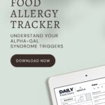Food allergy tracker advertisement featuring a partial image of a daily food diary form on a tablet and a button labeled "Download Now" for Alpha-Gal Syndrome trigger tracking.