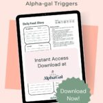 Tablet displaying a daily food diary for tracking food allergies, promoting instant access download from Sage AlphaGal with a "Download Now!" button.