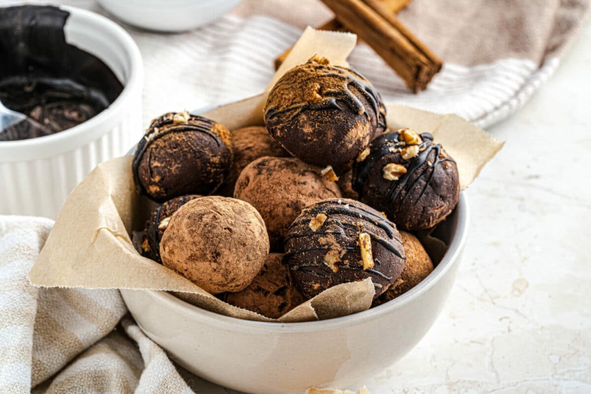 A bowl of chocolate truffles