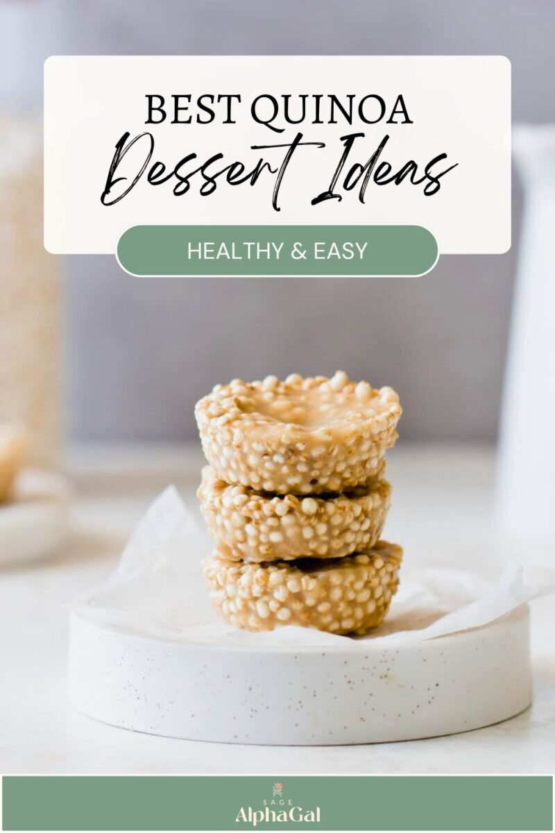 Three quinoa-based dessert cups stacked on a white plate with text reading "Best Quinoa Dessert Ideas: Healthy & Easy" at the top. The background is blurred, highlighting the desserts.