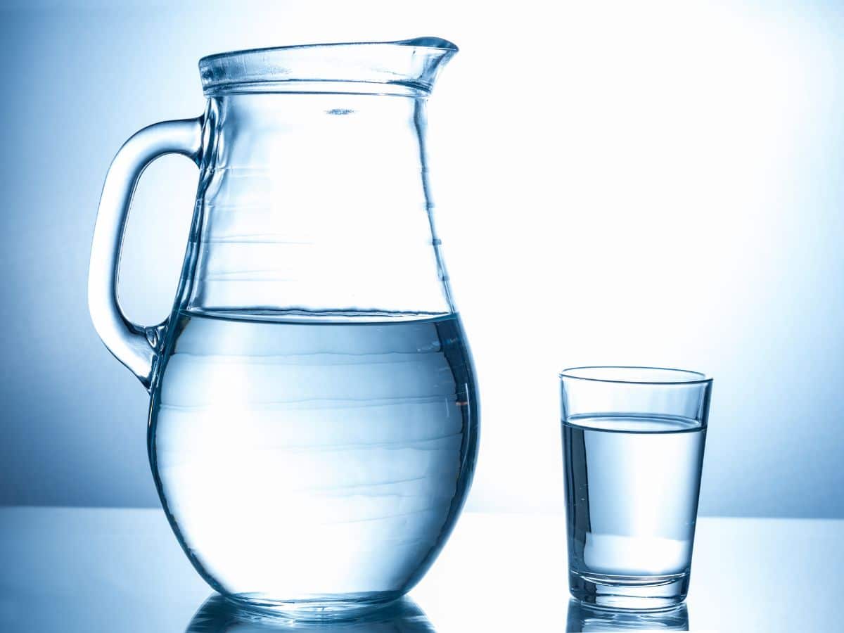 A glass pitcher of water and a glass