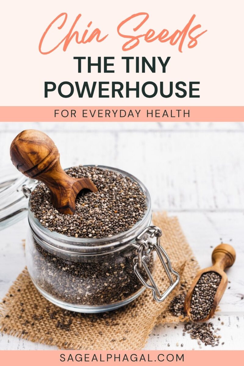A glass jar and a wooden scoop filled with chia seeds are displayed on a burlap mat, with text promoting chia seeds as a health powerhouse.