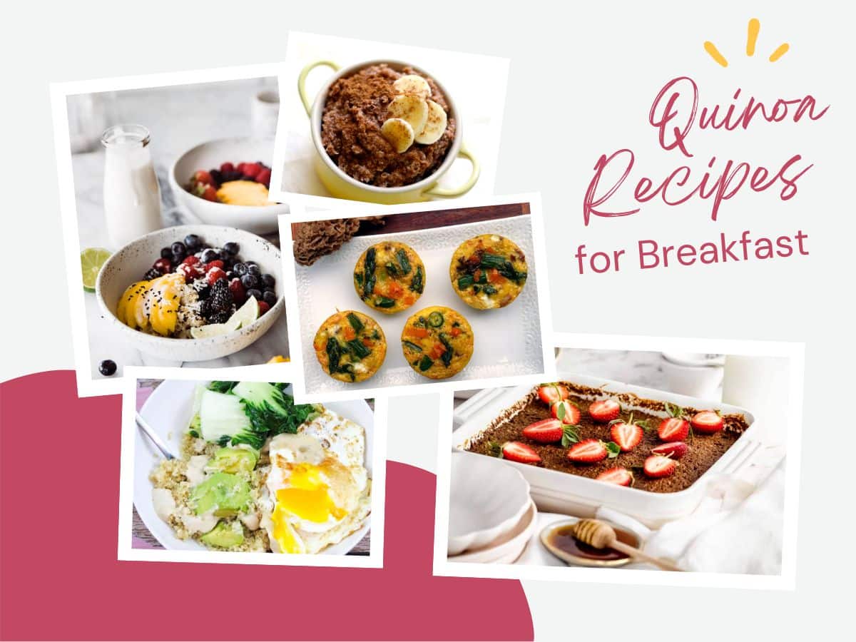 Collage of quinoa breakfast recipes, including fruit bowls, baked dishes, and egg muffins, with the text "Quinoa Recipes for Breakfast.