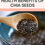 A wooden spoon holding chia seeds is positioned over a blue bowl filled with more chia seeds. The text reads “Surprising Health Benefits of Chia Seeds.”.