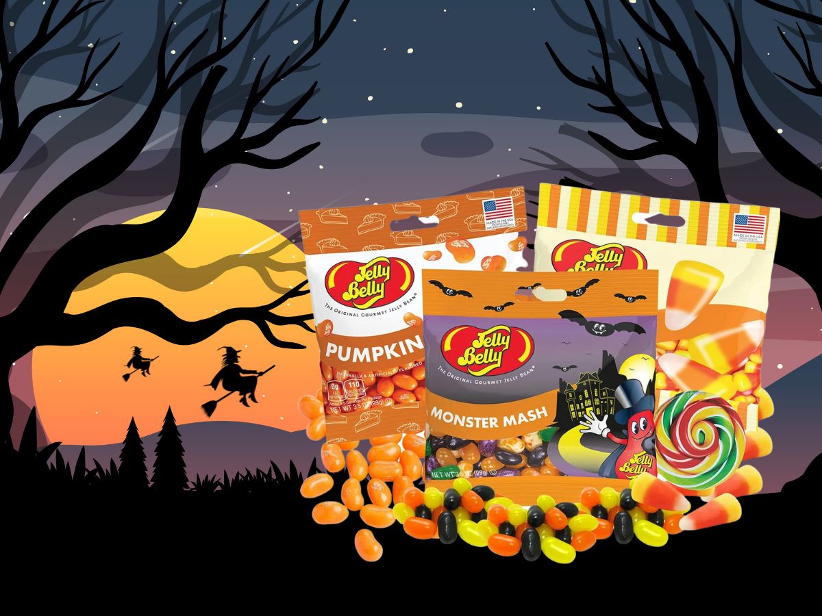 An assortment of Jelly Belly halloween candy with a witch and a witch's hat.