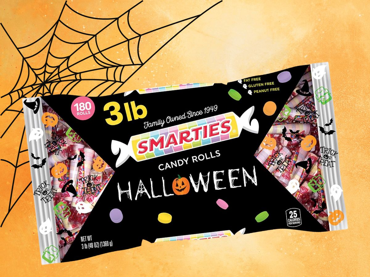 A bag of Halloween-themed Smarties candy rolls.