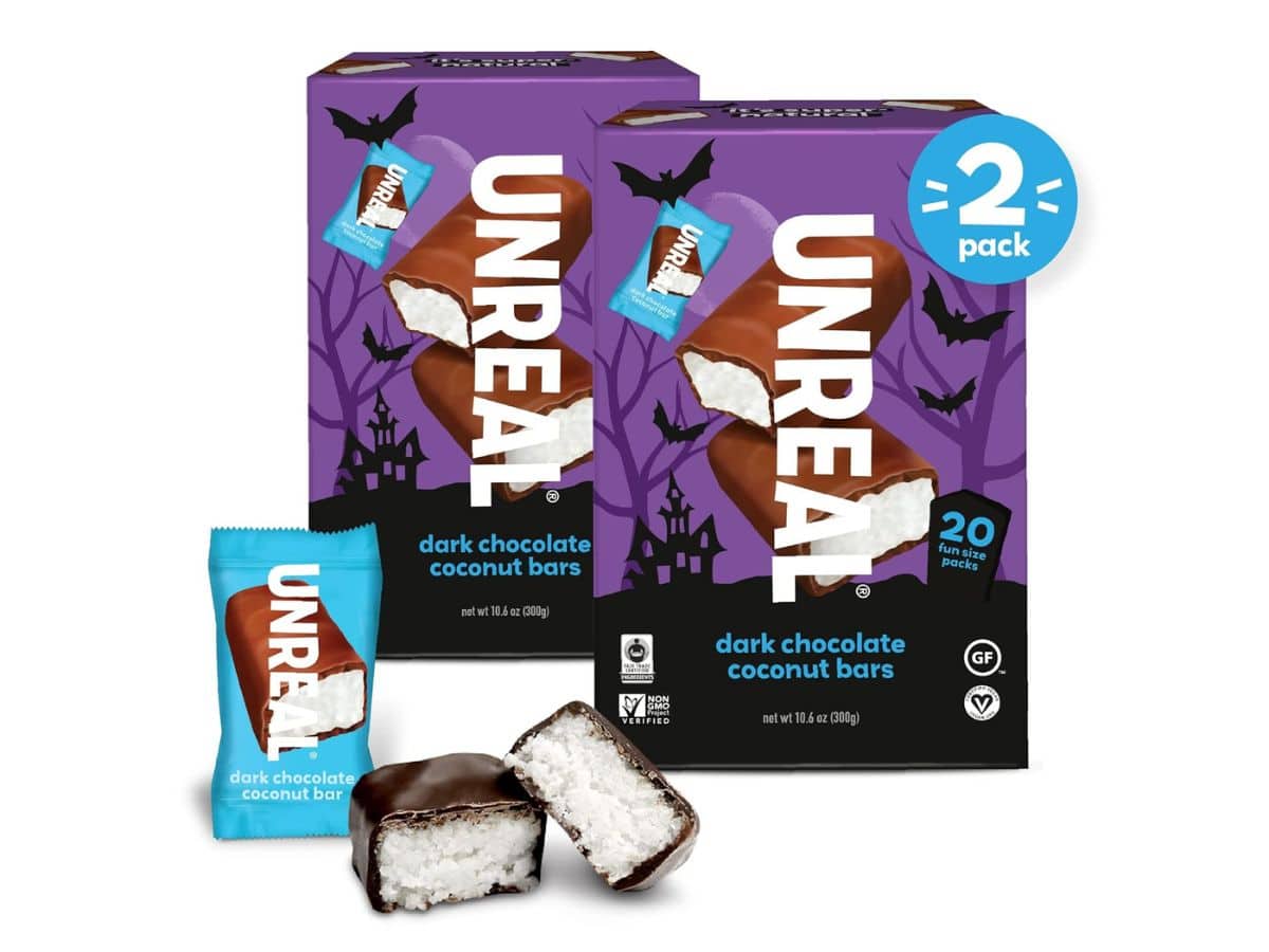Halloween themed UNREAL dark chocolate coconut bars.