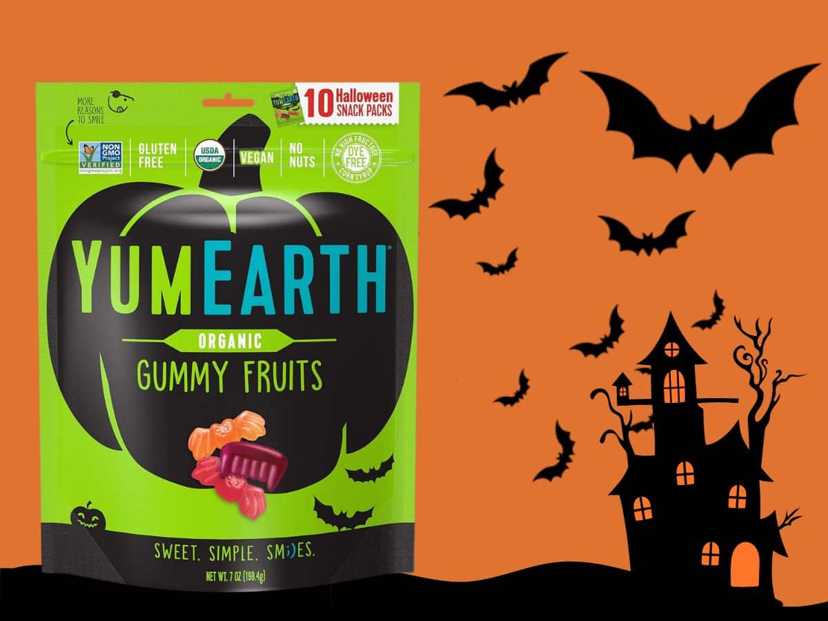 A bag of yumearth gummy fruits with a pumpkin and bats.