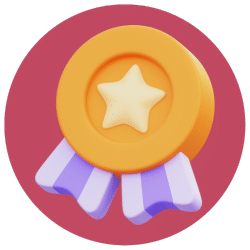 A star medal icon on a red background.