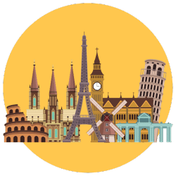 The landmarks of europe in a circle.