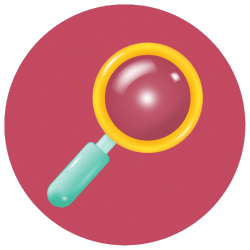A magnifying glass icon on a red background.