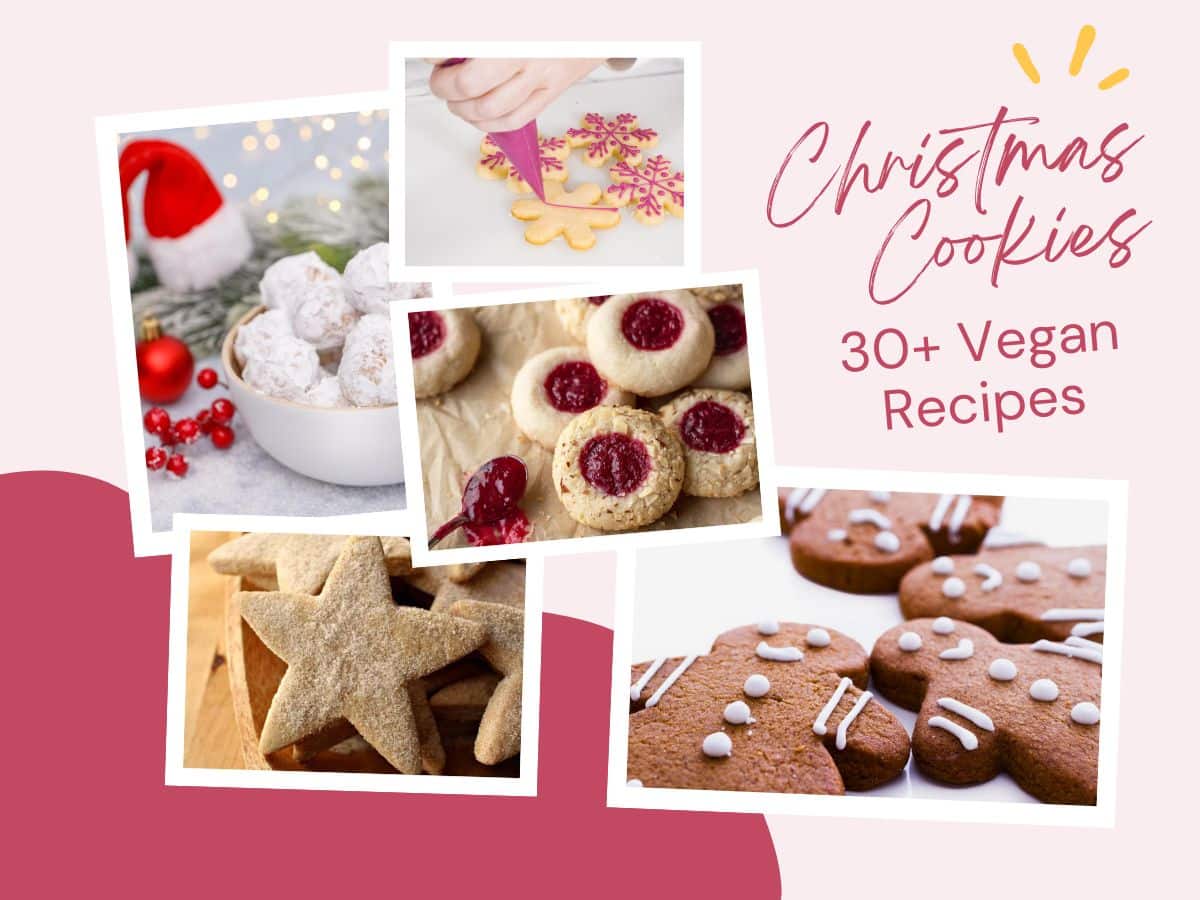 Collage of vegan Christmas cookies, including gingerbread, thumbprint, and star-shaped cookies, with a decorative "Christmas Cookies 30+ Vegan Recipes" text.