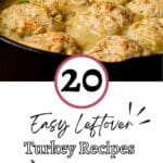 A pot with biscuits on a creamy sauced dish, promoting "20 Easy Leftover Turkey Recipes You'll Want to Make All Year.