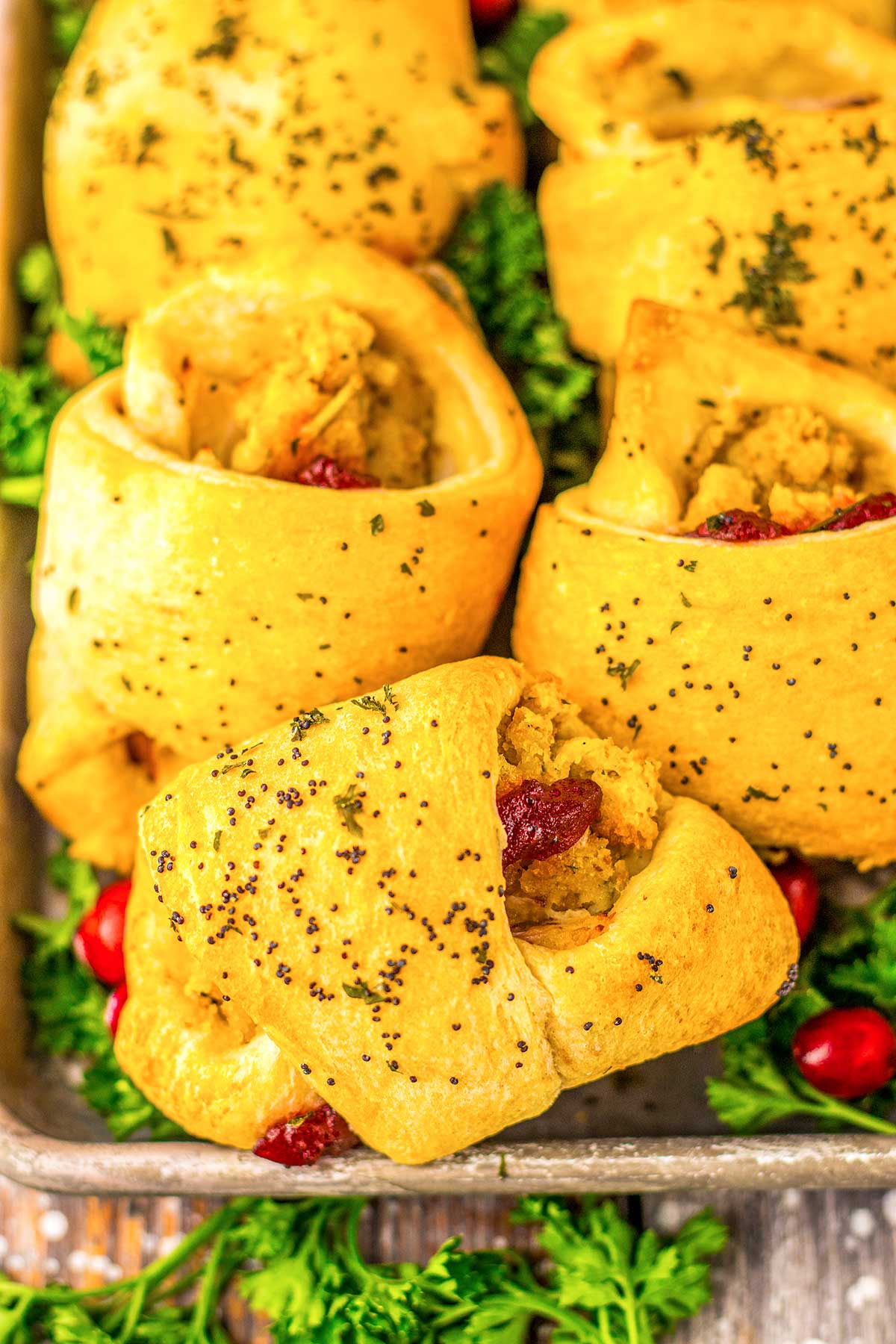 Crescent rolls filled with stuffing and cranberries, topped with herbs, on a bed of parsley and garnished with cranberries.