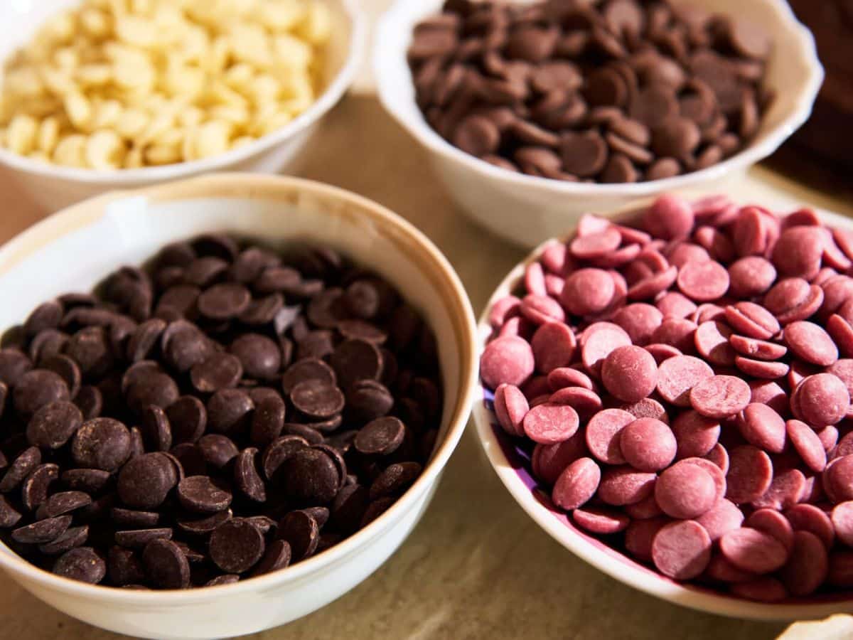 Bowls of chocolate chips with dark, ruby, milk, and white chocolate.