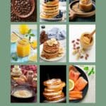 Collage of various pancake toppings including chocolate chips, blueberries, syrup, honey, nuts, eggs, and salmon, with the title "sweet and savory pancake toppings to try today.