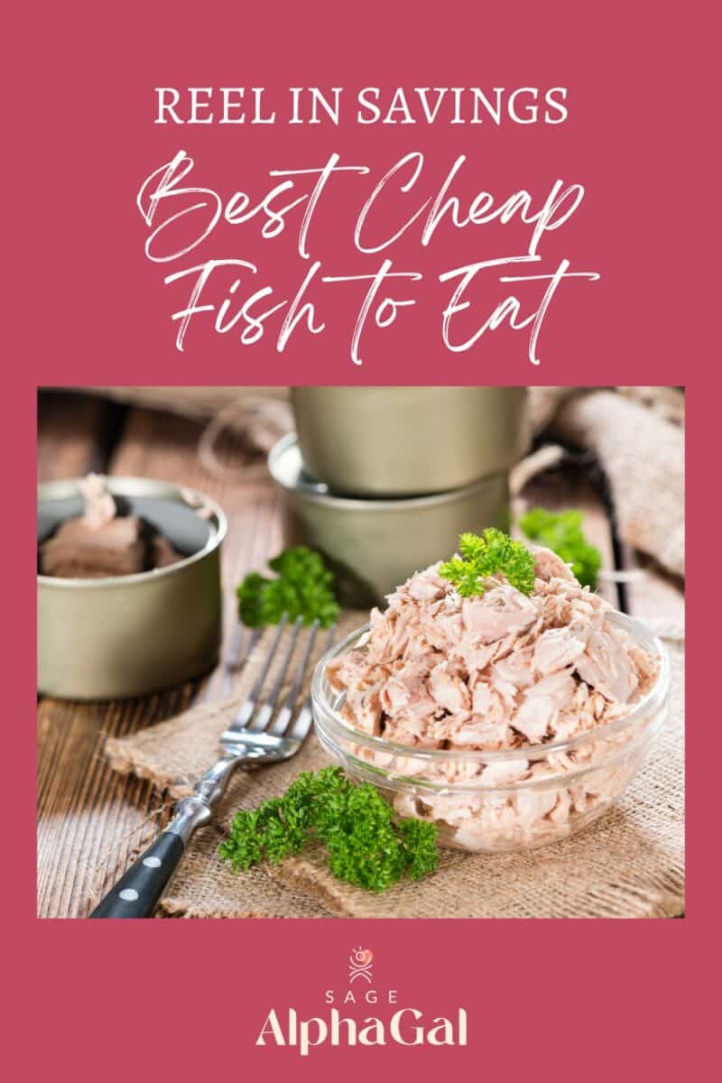 A bowl of canned tuna garnished with parsley sits on a wooden table. The text reads, "Reel in Savings &ndash; Best Cheap Fish to Eat &ndash; Sage AlphaGal.