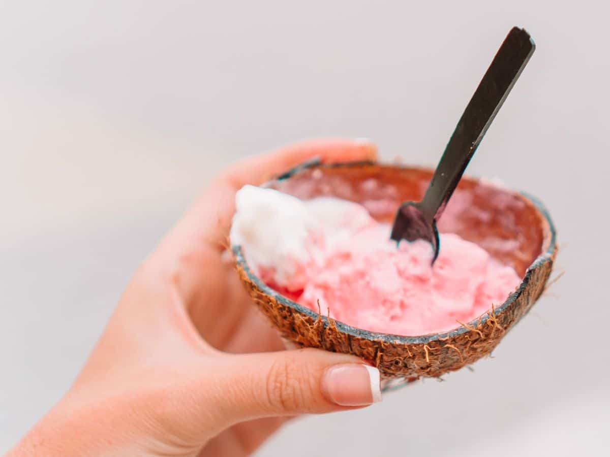 A hand holding a coconut shell with a plastic spoon in it, filled with pink and white ice cream.