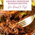 Close-up of a beef dish with a fork lifting some meat, overlaid with text: "22 Amazing Immersion Blender Recipes You Need to Try!.