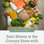 A variety of groceries including fruits, vegetables, bread, and dairy products spread out with a text overlay that reads, "On a budget: Save Money at the Grocery Store with These Tips.