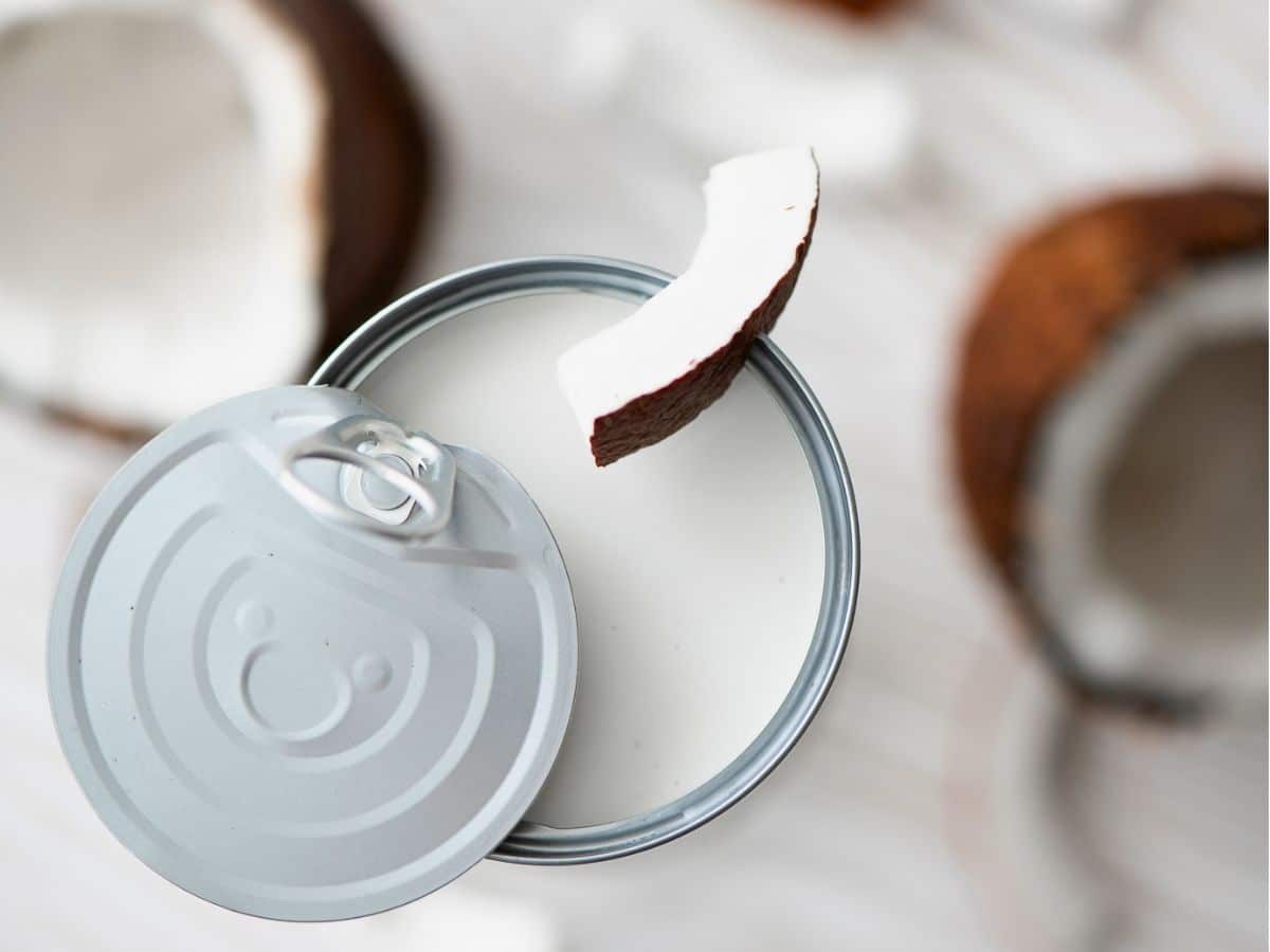 An opened can of coconut milk with a piece of fresh coconut resting on the edge, surrounded by coconut shell halves.
