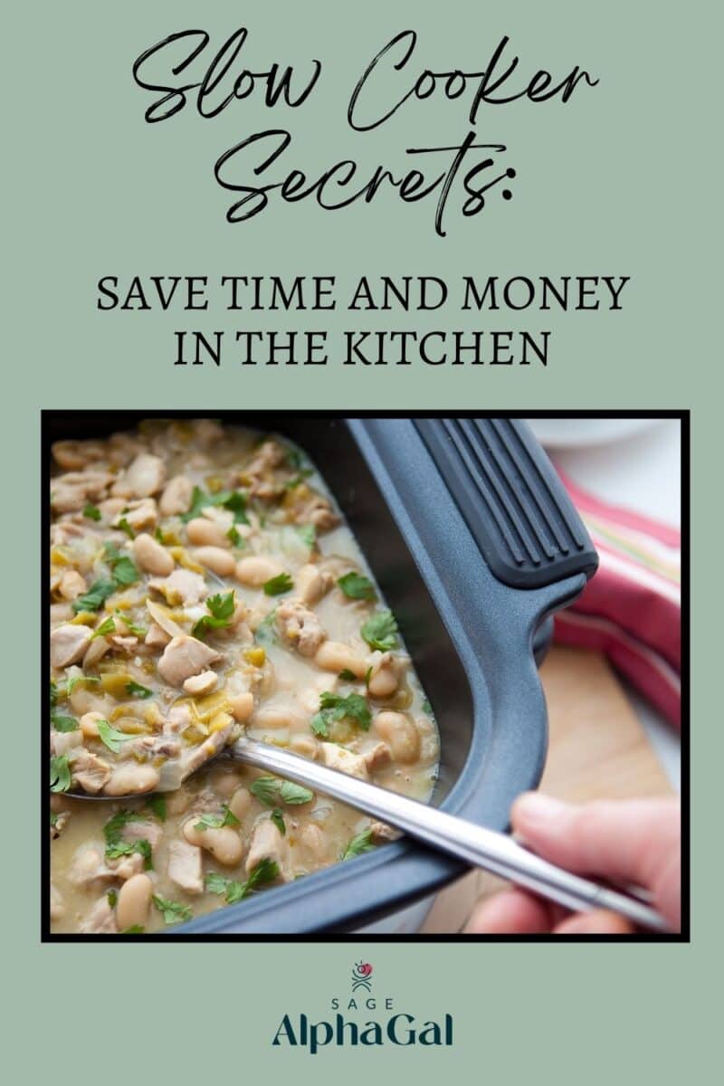 A person&rsquo;s hand using a spoon to serve a bean and vegetable stew from a slow cooker. Text reads &ldquo;Slow Cooker Secrets: Save Time and Money in the Kitchen.&rdquo; Sage AlphaGal logo is at the bottom.