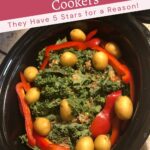 A slow cooker filled with kale, baby potatoes, red bell pepper strips, and a seasoning mix, with a banner reading "The Best Slow Cookers – They Have 5 Stars for a Reason!.