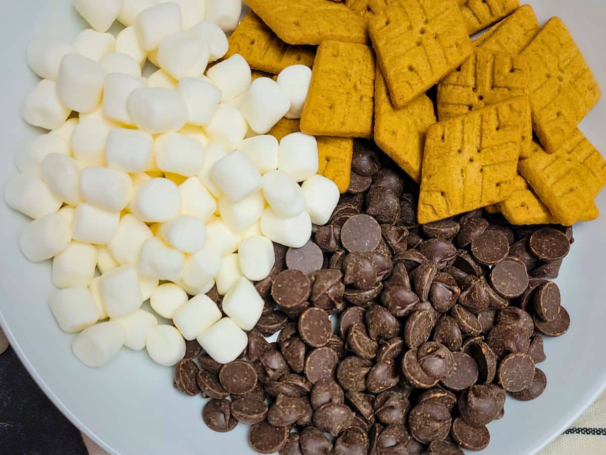 A bowl contains mini marshmallows, graham crackers, and chocolate chips arranged separately.