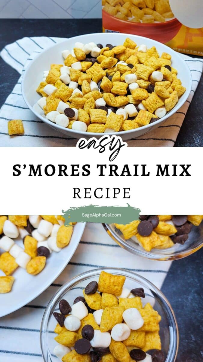 Bowls of s'mores trail mix with cereal squares, marshmallows, and chocolate chips on a striped cloth. Box in the background. Text reads "easy S'mores Trail Mix Recipe.