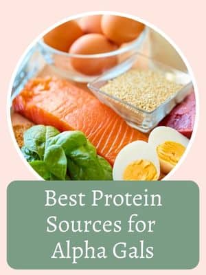 A variety of protein sources including eggs, salmon, quinoa, spinach, and sliced turkey or ham. Text reads: "Best Protein Sources for Alpha Gals.